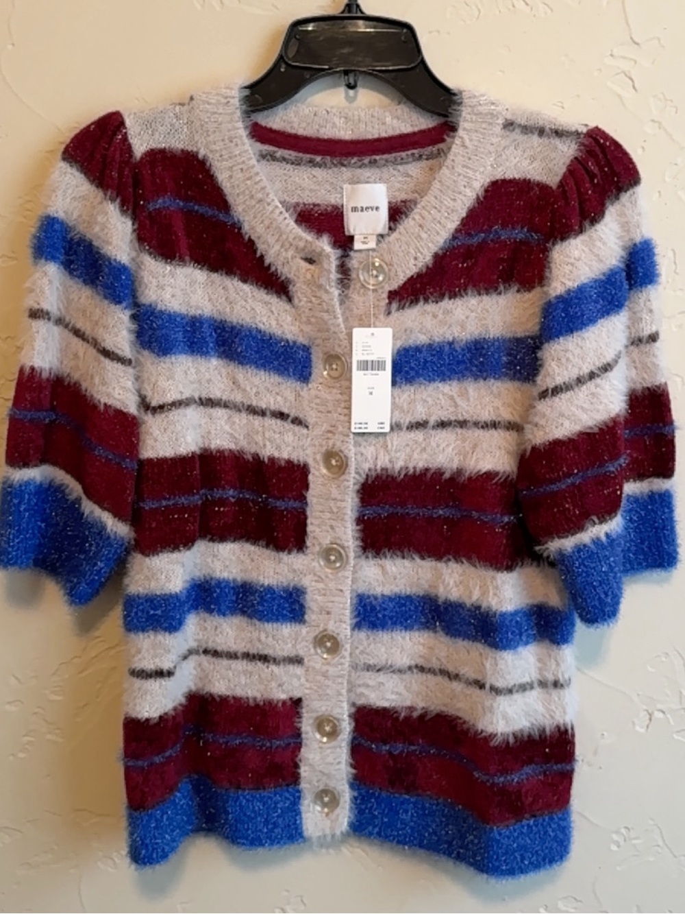 Maeve Fuzzy Striped Short-Sleeve Cardigan in Burgundy, Blue & Cream